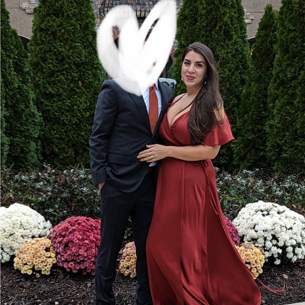 Nine West flounce cold shoulder satin wrap maxi